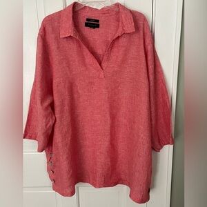 TAHARI 100% Linen Tunic Top Muted Red Split V  Lagenlook Boho Casual Plus Size